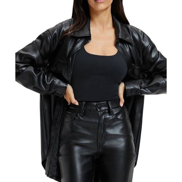 Good American Shirt FAUX LEATHER Womens BLACK Size L - Picture 1 of 5